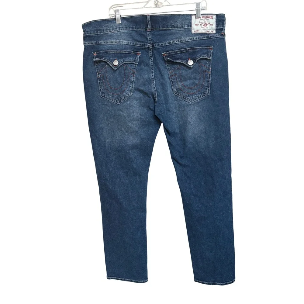 True Religion Geno Relaxed Slim Jeans Blue Denim Mens 38 Flap Pocket Red Stitch